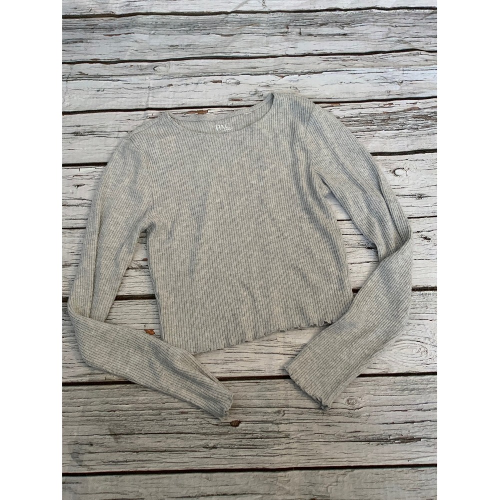 PacSun PacCares Heather Gray Ribbed Long Sleeve Crop Top Lettuce Trim Small